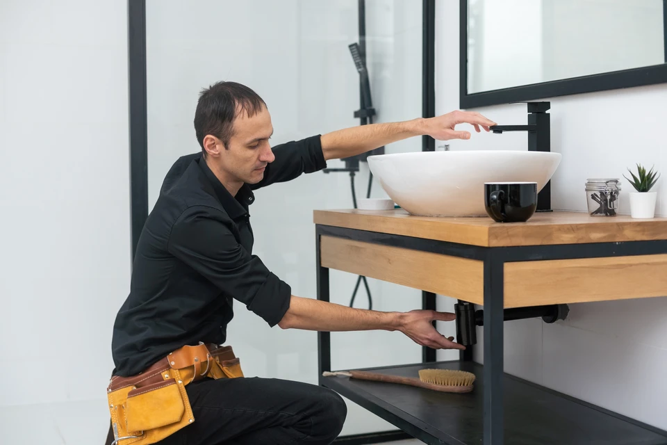 Plombier professionnel en uniforme noir avec ceinture à outils installant ou réparant une robinetterie noire moderne au-dessus d'un lavabo vasque blanc