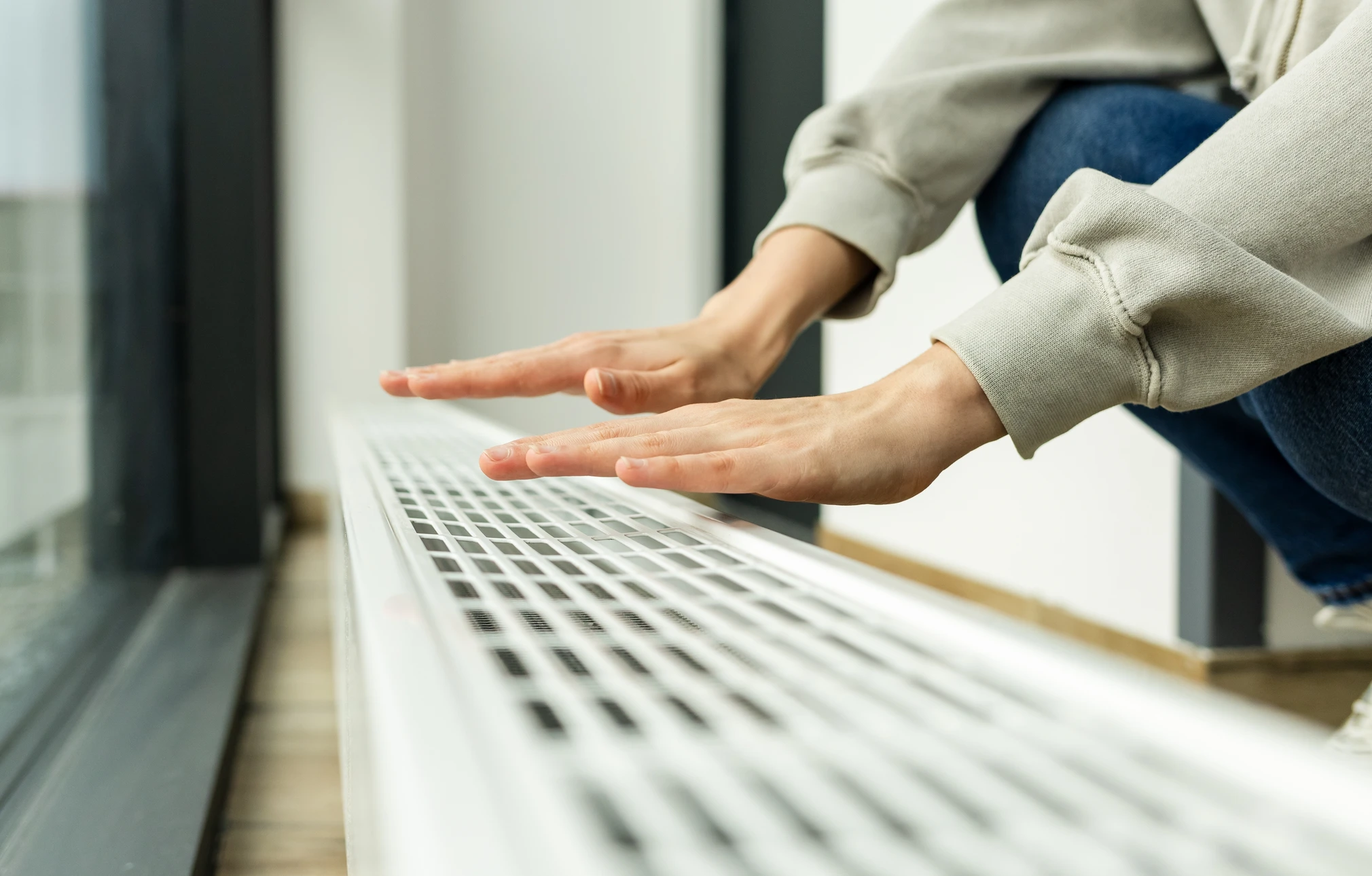 Intérieur moderne avec radiateur design sous fenêtres à double vitrage, arrangement floral de lys roses au premier plan