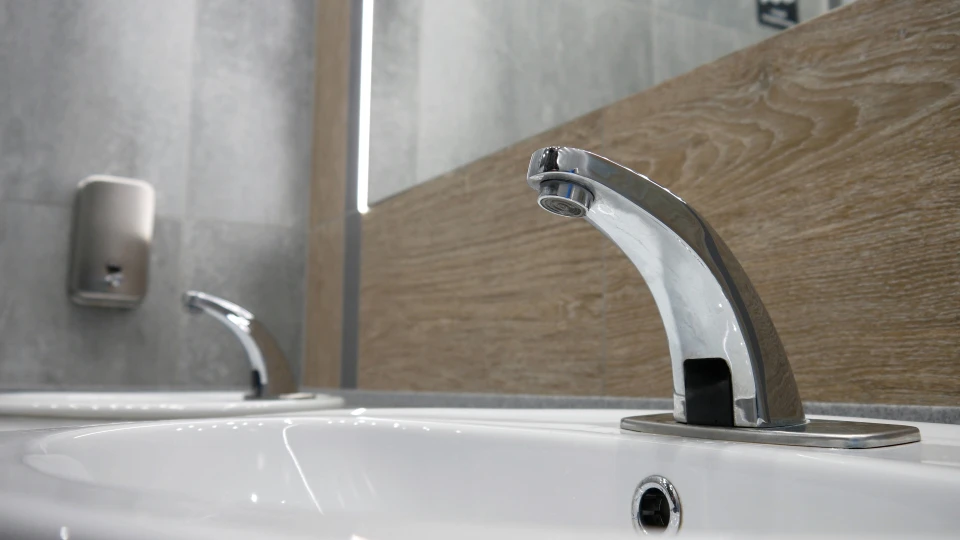 Salle de bain moderne avec grande fenêtre donnant sur végétation extérieure